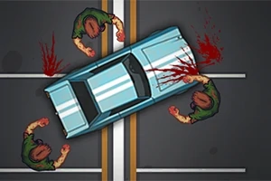 Ô tô màu xanh đâm vào ba zombie trên đường với các vệt máu rõ nét