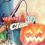 Nhân vật mặc trang phục màu xanh và trắng đang cầm nỏ, bên cạnh là quả bí ngô Halloween với khuôn mặt cười, cùng nền trời trăng sáng