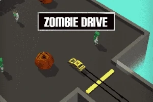 Hình ảnh hiển thị một chiếc xe ô tô nhỏ di chuyển trên đường với một vài con zombie và chướng ngại vật xung quanh