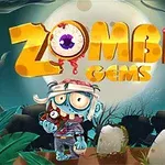 Một con zombie nhỏ đứng trước hai bia mộ với nền trăng tròn sáng và dòng chữ Zombie Gems phía trên