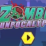 Dòng chữ Zombie GUNPOCALYPSE kèm hình đầu zombie với nền thành phố tối và nút phát hình lục giác màu vàng