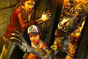 Zombie Hunter Hai người đang cố gắng đóng cửa để ngăn một nhóm thây ma đang xông vào
