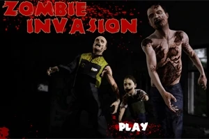 Ba con zombie đang tiến về phía trước trong khung cảnh tối tăm với chữ Zombie Invasion màu đỏ ở góc trên