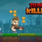 Nhân vật với râu rậm cầm súng đang chạy trên nền mộ địa, bị zombie đội mũ bảo hiểm truy đuổi, với dòng chữ Zombie Killers ở góc phải trên