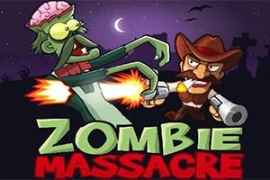 Nhân vật cao bồi cầm súng đối đầu với zombie trong bối cảnh ban đêm với chữ Zombie Massacre nổi bật