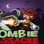 Nhân vật cao bồi cầm súng đối đầu với zombie trong bối cảnh ban đêm với chữ Zombie Massacre nổi bật