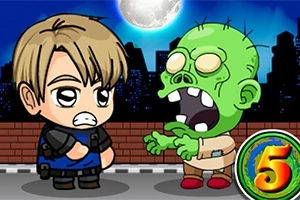 Nhân vật hoạt hình đối mặt với zombie xanh dưới ánh trăng, nền là bầu trời đêm và thành phố