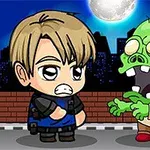 Nhân vật hoạt hình đối mặt với zombie xanh dưới ánh trăng, nền là bầu trời đêm và thành phố