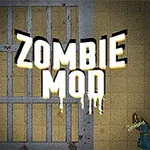 Chữ Zombie Mod nổi bật trên nền nhà tù với hình ảnh zombie và thùng phuy nguy hiểm xung quanh