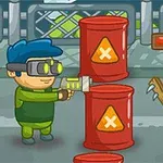 Nhân vật hoạt hình với mái tóc xanh và kính bảo hộ bắn vào thùng màu đỏ, đối diện là một sinh vật xanh cầm gậy đóng đinh