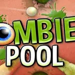 Chữ ZOMBIE POOL được thiết kế với màu sắc nổi bật, có hình ảnh nhãn cầu và vết bắn màu sơn xanh trên nền đỏ