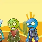 Ba con zombie với dáng vẻ hoạt hình đứng trước bối cảnh sa mạc với các cây xương rồng