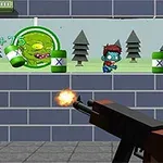 Hình ảnh thể hiện một nhân vật bắn súng vào các mục tiêu có hình dáng giống zombie với cây cối và tường gạch làm nền