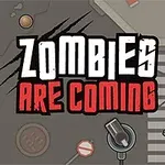 Dòng chữ Zombies Are Coming trên nền cảnh đường phố vắng vẻ với xác sống và biển báo giao thông