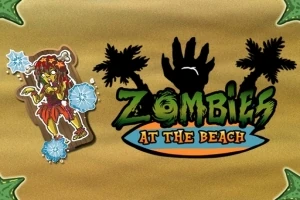 Hình ảnh có một thây ma với trang phục Hawaii đứng bên trái, và logo có chữ Zombies at the Beach cạnh hai cây cọ trên nền màu cát