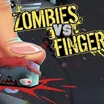 Ngón tay khổng lồ đè bẹp một zombie nhỏ trên nền tối với chữ Zombies vs Finger nổi bật