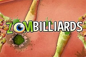 Tiêu đề Zombilliards với hình ảnh những cánh tay và đầu lâu của zombie xung quanh