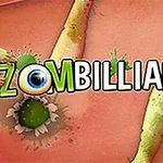 Tiêu đề Zombilliards với hình ảnh những cánh tay và đầu lâu của zombie xung quanh