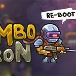 Hình ảnh có một nhân vật mặc áo giáp và cầm súng, bên cạnh chữ Zombotron và một hộp thoại với chữ Re-Boot trên nền màu tím