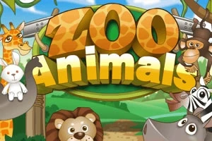Dòng chữ Zoo Animals nổi bật giữa hình ảnh các động vật trong vườn thú bao gồm hươu cao cổ, khỉ, sư tử, ngựa vằn và thỏ với phong cảnh thiên nhiên làm nền