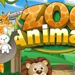 Dòng chữ Zoo Animals nổi bật giữa hình ảnh các động vật trong vườn thú bao gồm hươu cao cổ, khỉ, sư tử, ngựa vằn và thỏ với phong cảnh thiên nhiên làm nền
