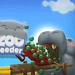 Hình ảnh một con hà mã đang há miệng nhận những viên bi xanh, có biểu tượng vui nhộn với chữ Zoo Feeder và bầu trời xanh phía sau
