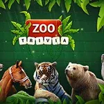 Hình ảnh có các con vật hoang dã như hươu, ngựa, hổ, gấu và hải cẩu cùng với chữ Zoo Trivia ở giữa, trên nền lá cây xanh
