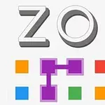 Chữ ZOP trong phông chữ 3D màu xám ở phía trên với các ô vuông màu xanh dương, cam, tím, xanh lá cây xếp thành hai hàng, có các đường màu tím nối một số ô vuông