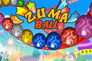 Hình ảnh có các quả bóng màu sắc khác nhau xếp thành hàng uốn lượn với dòng chữ Zuma Ball nổi bật ở trung tâm, nền là một công viên với vòng đu quay