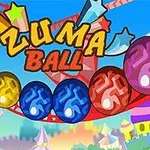 Hình ảnh có các quả bóng màu sắc khác nhau xếp thành hàng uốn lượn với dòng chữ Zuma Ball nổi bật ở trung tâm, nền là một công viên với vòng đu quay