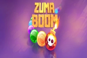 Chuỗi bóng đầy màu sắc với quả bom đỏ có ngòi và chữ Zuma Boom nổi bật trên nền tím