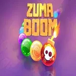 Chuỗi bóng đầy màu sắc với quả bom đỏ có ngòi và chữ Zuma Boom nổi bật trên nền tím
